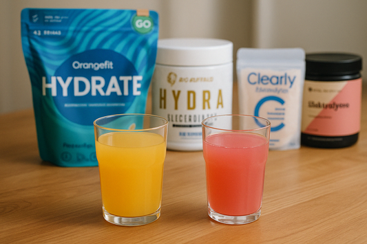 Beste elektrolyten: Vital Nutrition, Clearly Big Buffalo en Orangefit op tafel