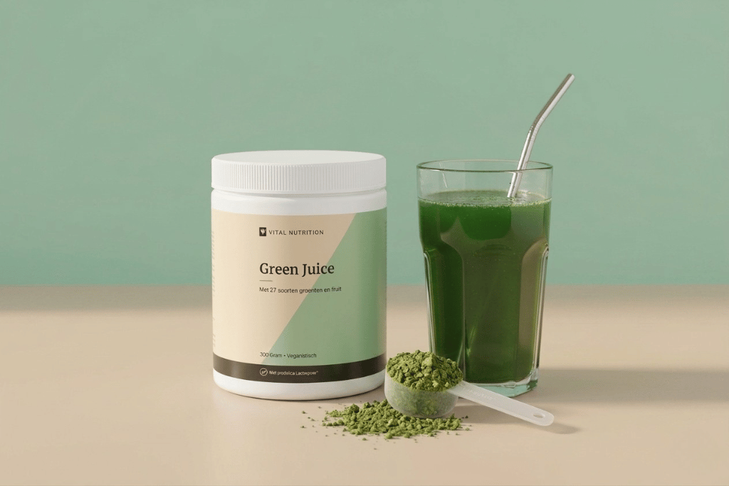 green juice met glas en poeder
