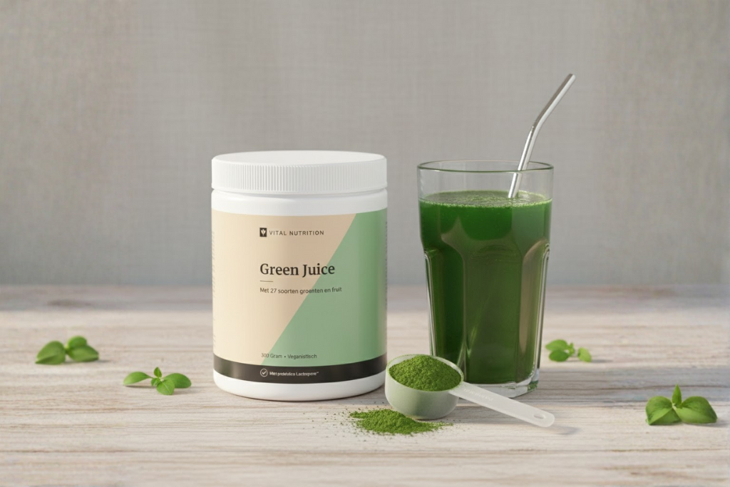 Green juice van Vital Nutrition met gevulde maatschep en glas in mooie setting
