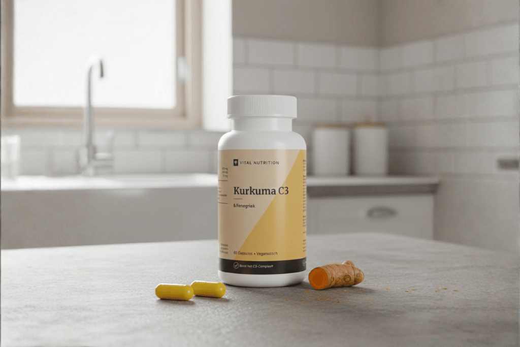 Kurkuma C3 van Vital Nutrition op keukenaanrecht met twee capsules en stukje rauwe kurkuma