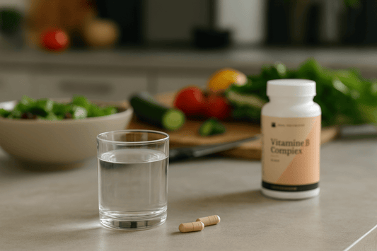 Vitamine B Complex van Vital Nutrition op keukenblad met glas water en groentes op snijplank