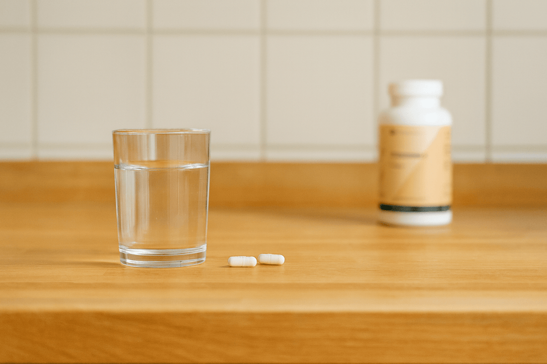 Vitamine C Gebufferd van vital Nutrition op tafel met glas water en 2 capsules