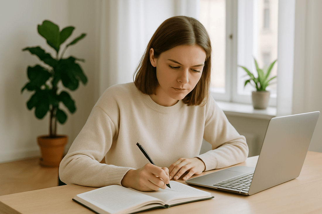 Jonge vrouw met laptop schrijvend aan bureau