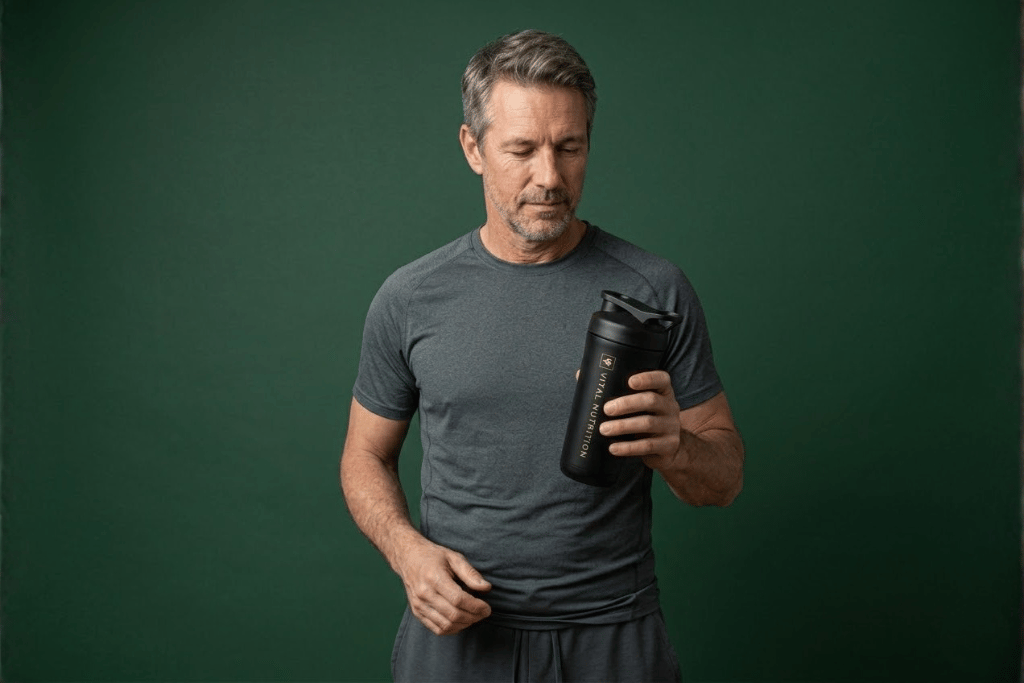 Man middelbare leeftijd met Vital Shaker van Vital Nutrition