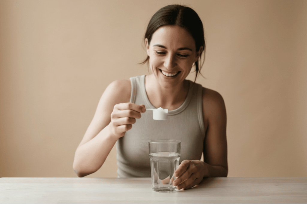 vrouw mengt creatine in glas water