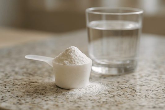 maatschep creatine met glas water op keukenblad