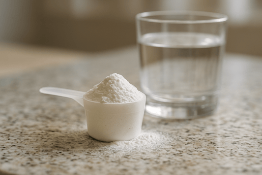 maatschep creatine met glas water op keukenblad