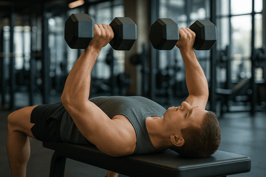 man doet dumbbell bench press in sportschool