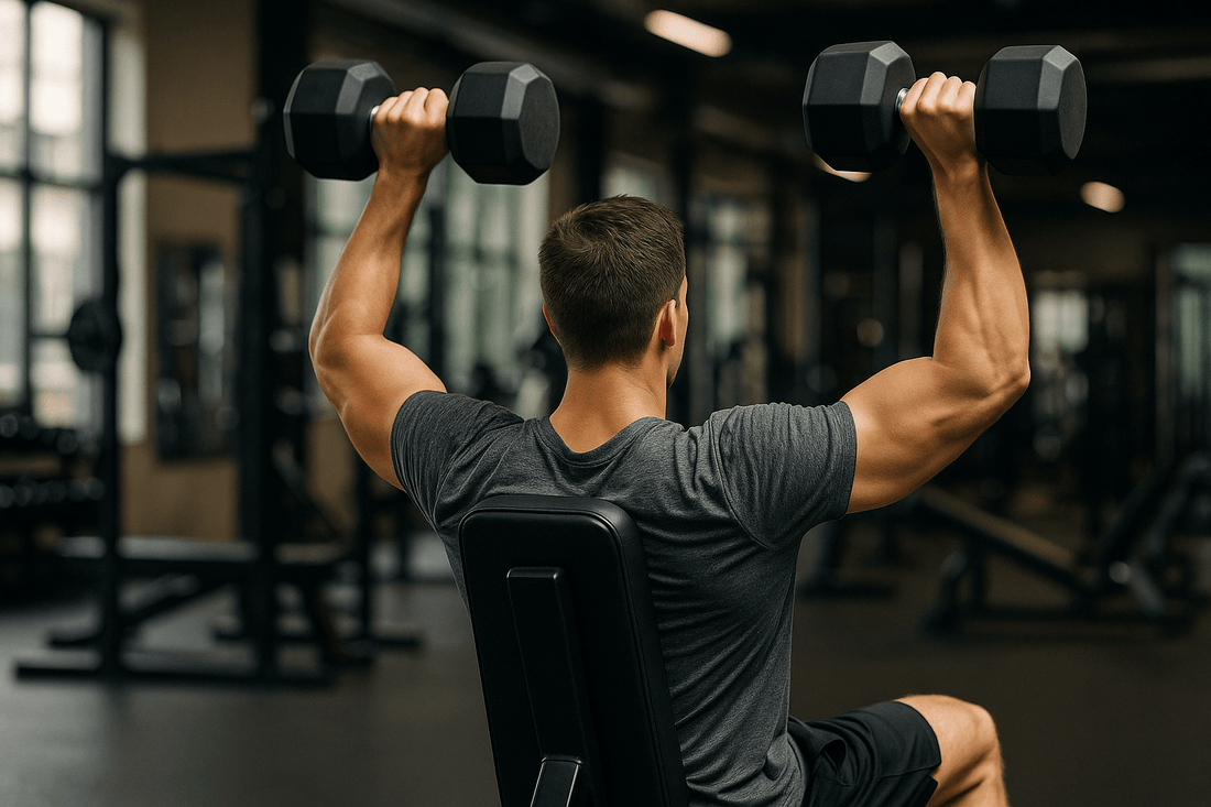 man doet dumbbell shoulder press in sportschool