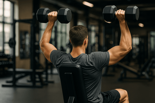 man doet dumbbell shoulder press in sportschool