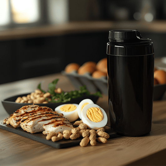 Tafel met eiwitrijke voeding als kip, eieren, noten en proteïne shake