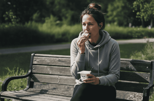 Jonge vrouw op parkbank met eiwitreep en bakje kwark
