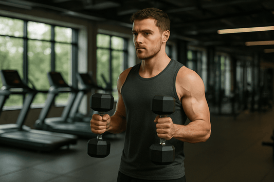 man doet hammer curl met dumbbells