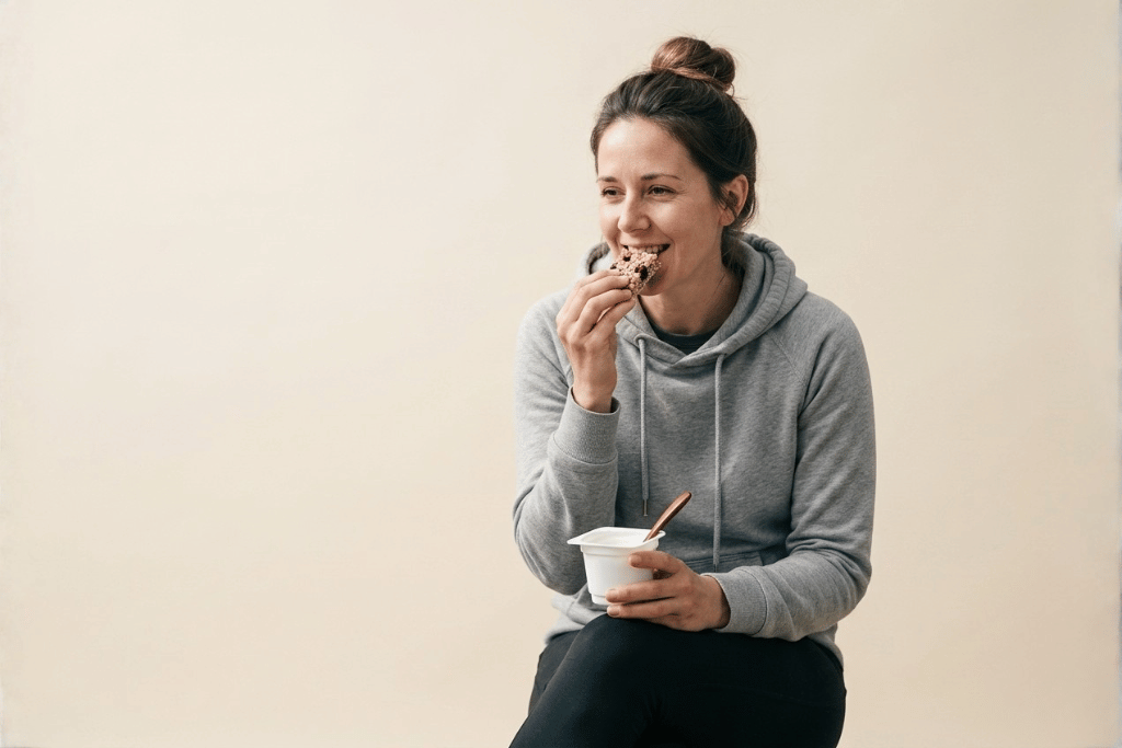 vrouw eet eiwitreep en kwark