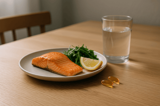 bord met zalm en glas water met 2 visolie capsules