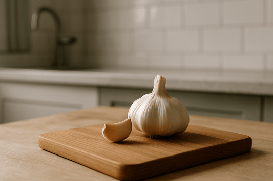 Knoflook in keuken op snijplank