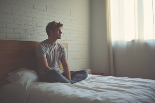 Man zichtbaar van slag zit op rand van bed