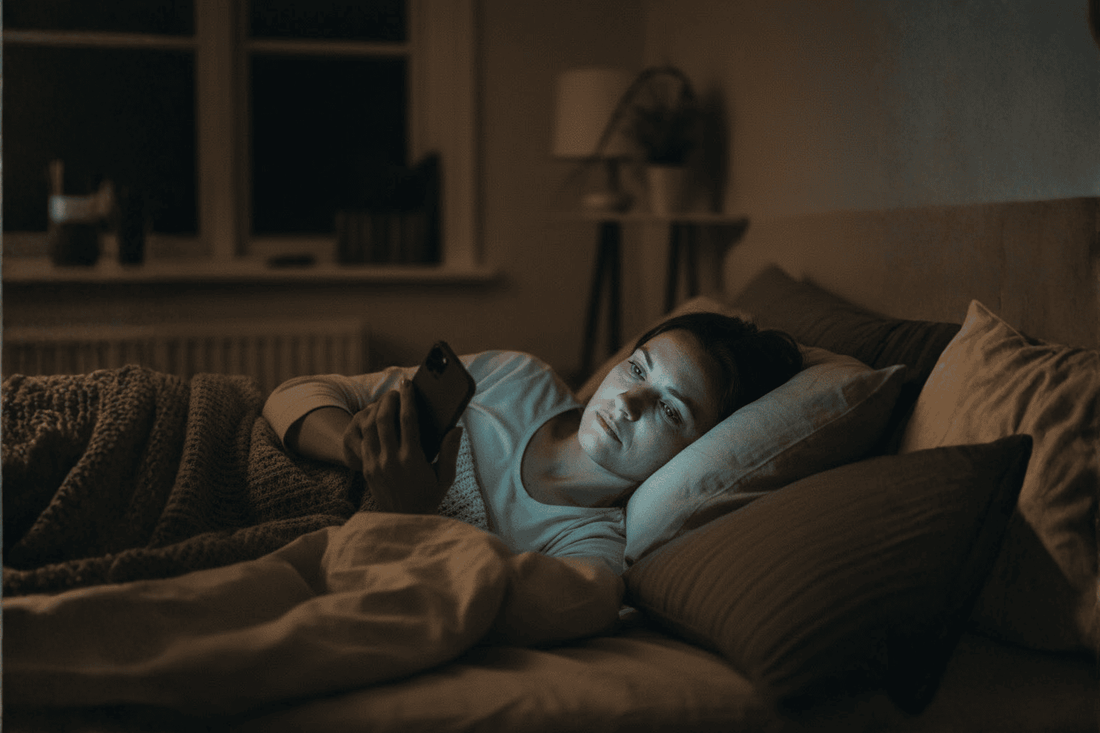 vrouw laat in bed op mobiel