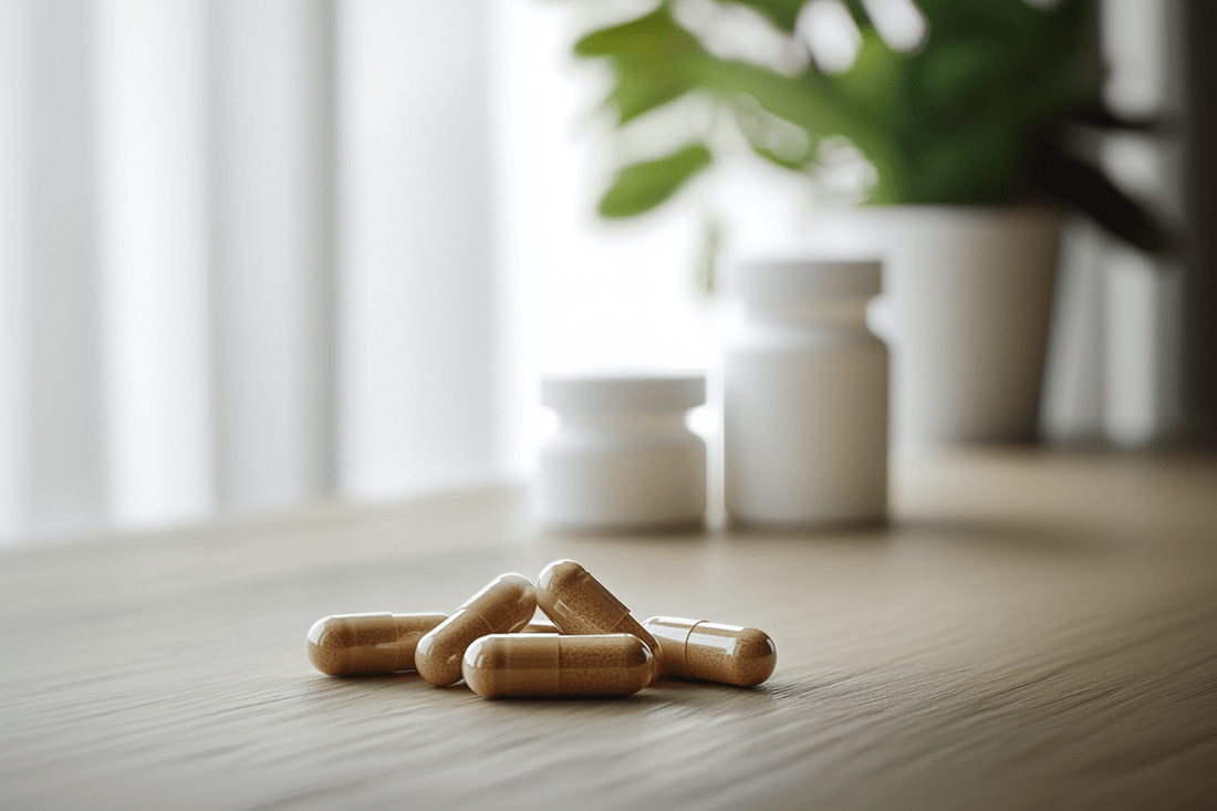 Multivitamine supplementen en capsules op tafel