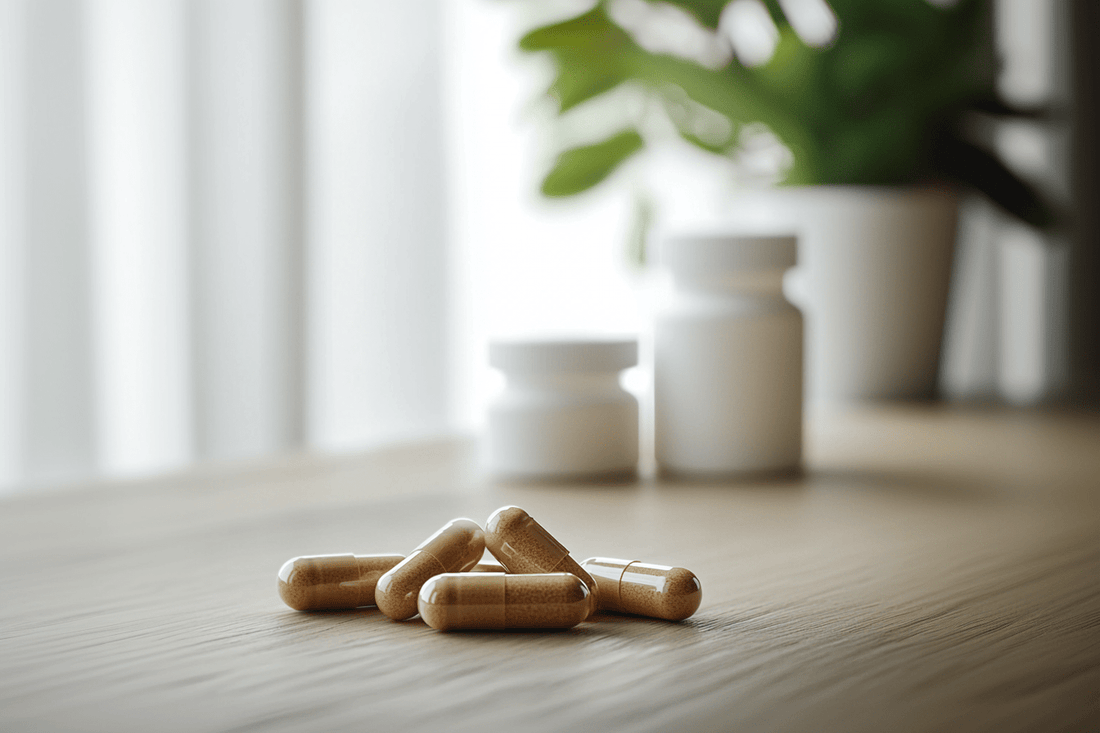 Multivitamine supplementen en capsules op tafel