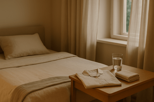 Opgeruimde slaapkamer met open raam, bed met lichte lakens en een nachtkastje met waterglas, handdoek en pyjama.