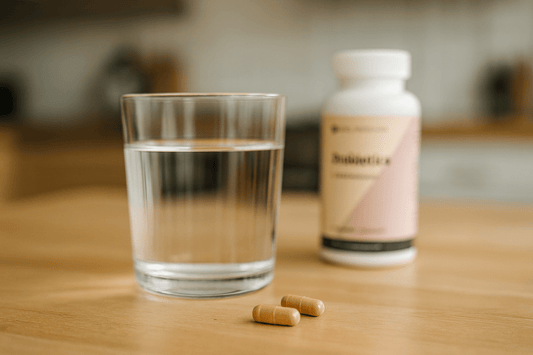 glas water met 2 capsules en probiotica potje van vital nutrition