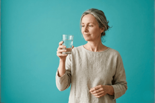 Gezonde vrouw van middelbare leeftijd met glas water