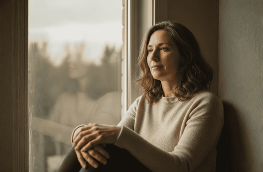Vrouw bij raam in zacht ochtendlicht, met rustige blik.