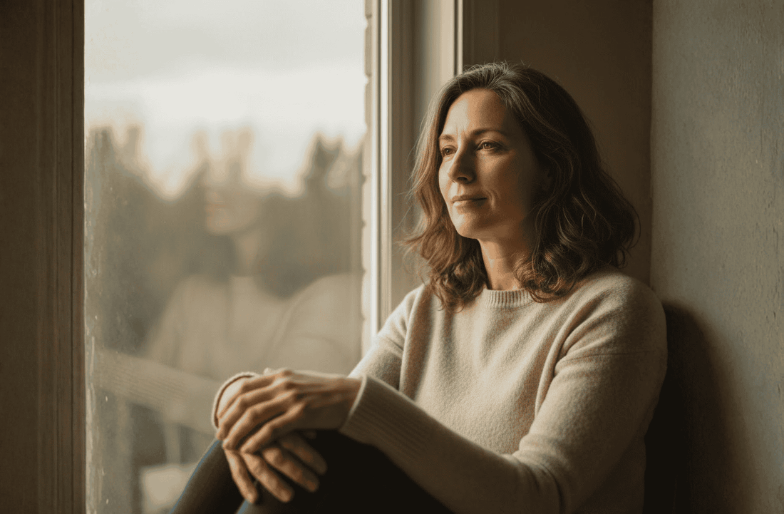 Vrouw bij raam in zacht ochtendlicht, met rustige blik.