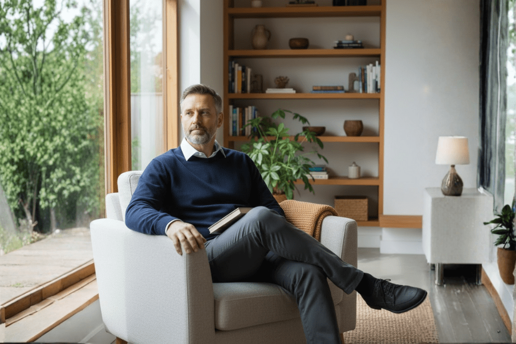 Man van middelbare leeftijd in stoel