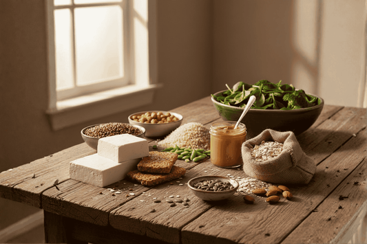 Assortiment van plantaardige eiwitbronnen op een houten tafel, met onder andere tofu, tempeh, linzen, kikkererwten, quinoa, edamame, pindakaas, havermout, pompoenpitten, amandelen, spinazie en broccoli in natuurlijk daglicht.