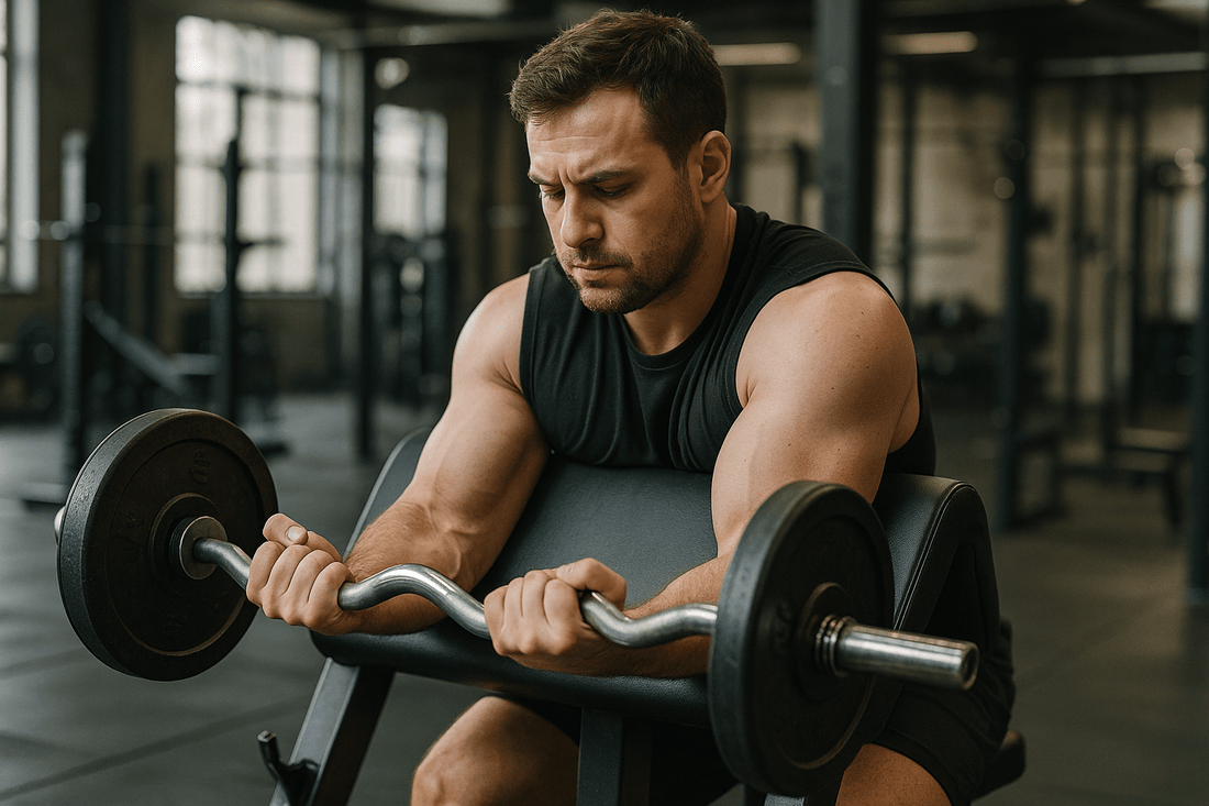 man voert preacher curl uit met EZ bar