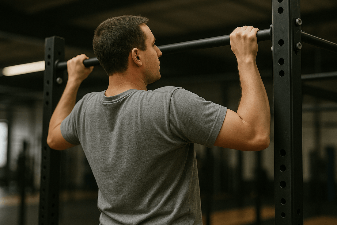 man doet pull up aan stang in sportschool