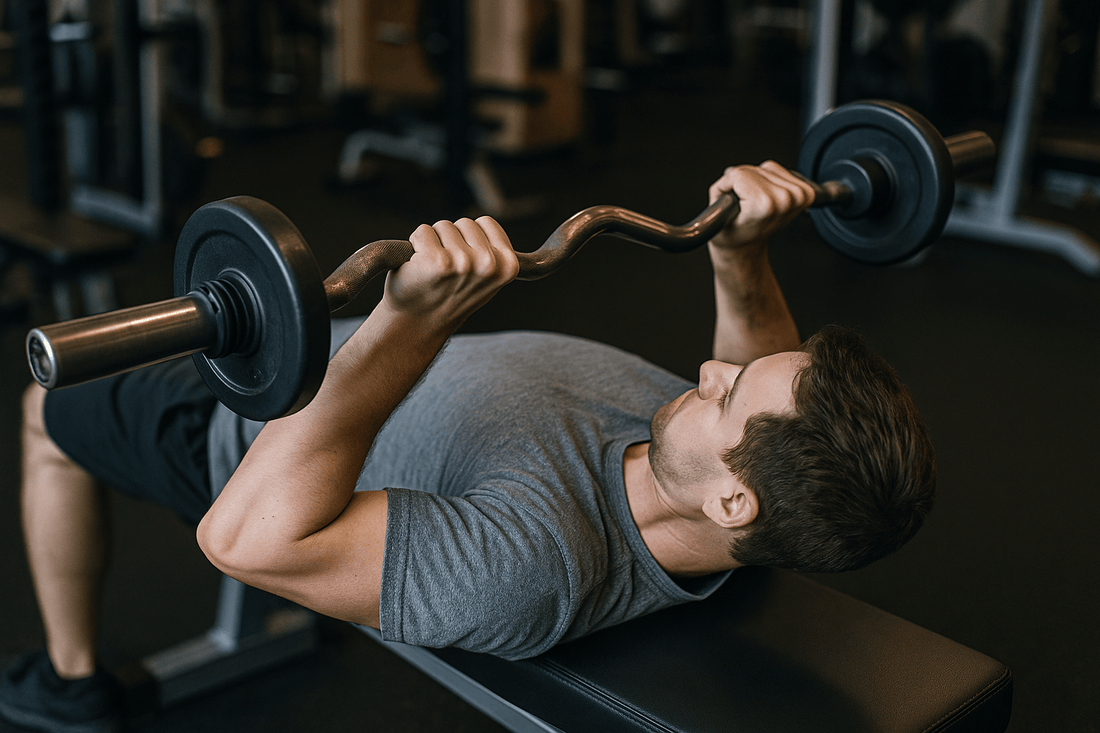 man doet skull crusher met EZ bar in sportschool
