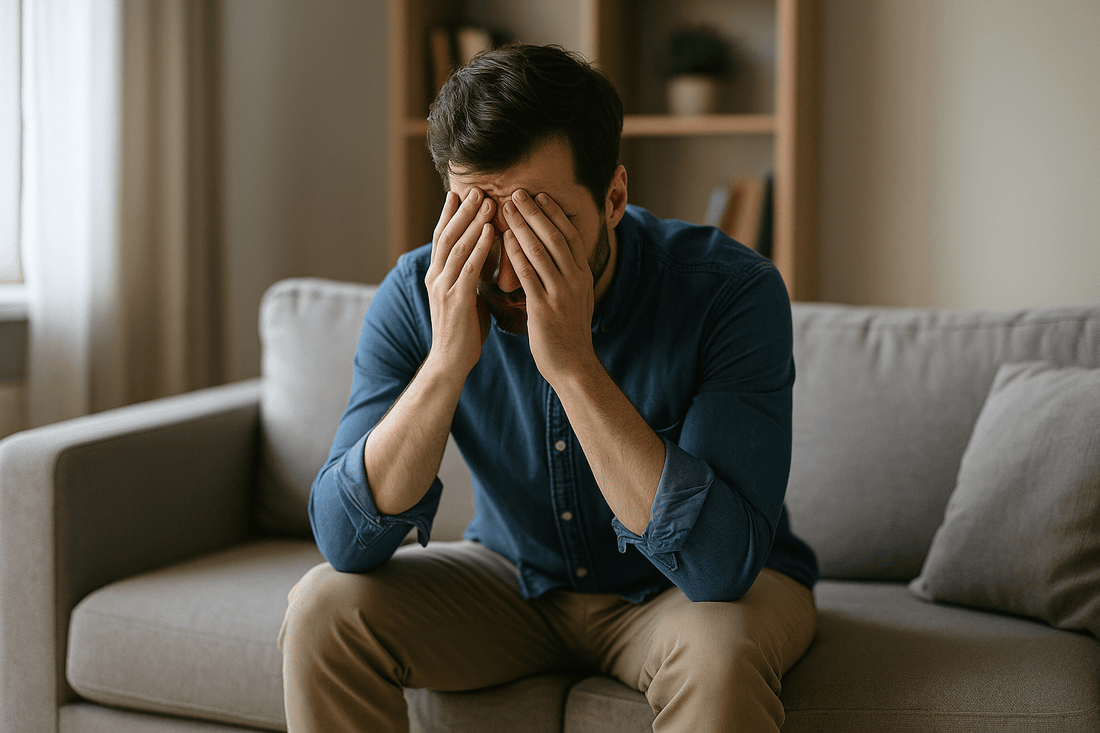 Man in bank gestressed met handen voor gezicht