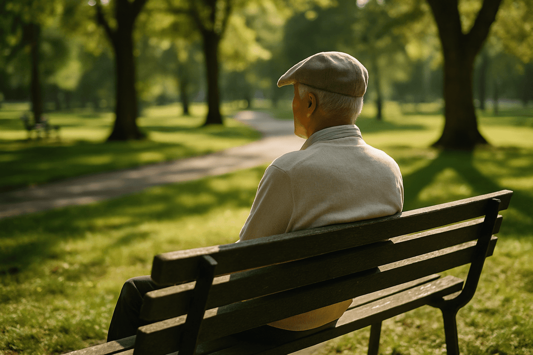 Oudere man in de zon op bankje in park