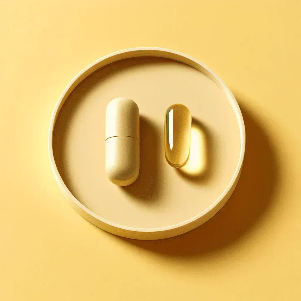 Vitamine K2 capsule en Vitamine D3 softgel naast elkaar