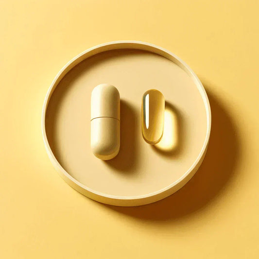 Vitamine K2 capsule en Vitamine D3 softgel naast elkaar