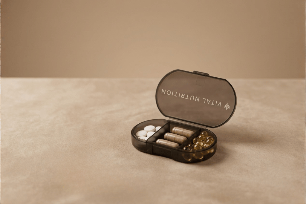 Vital Nutrition capsule doosje gevuld met vitamine capsules bij vermoeidheid