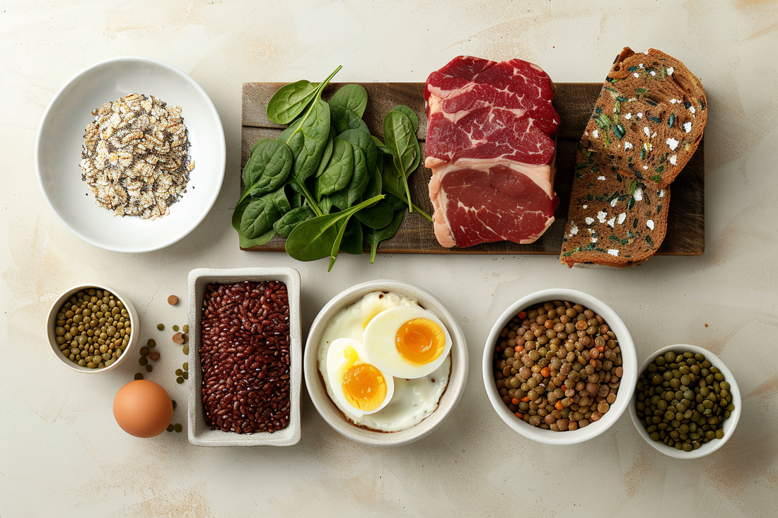 Voeding rijk aan ijzer zoals rund, spinazie, tofu, eieren en volkoren brood