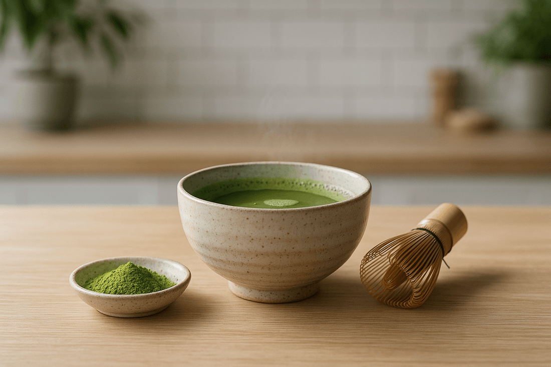 kop matcha met matcha poeder op aanrecht keuken