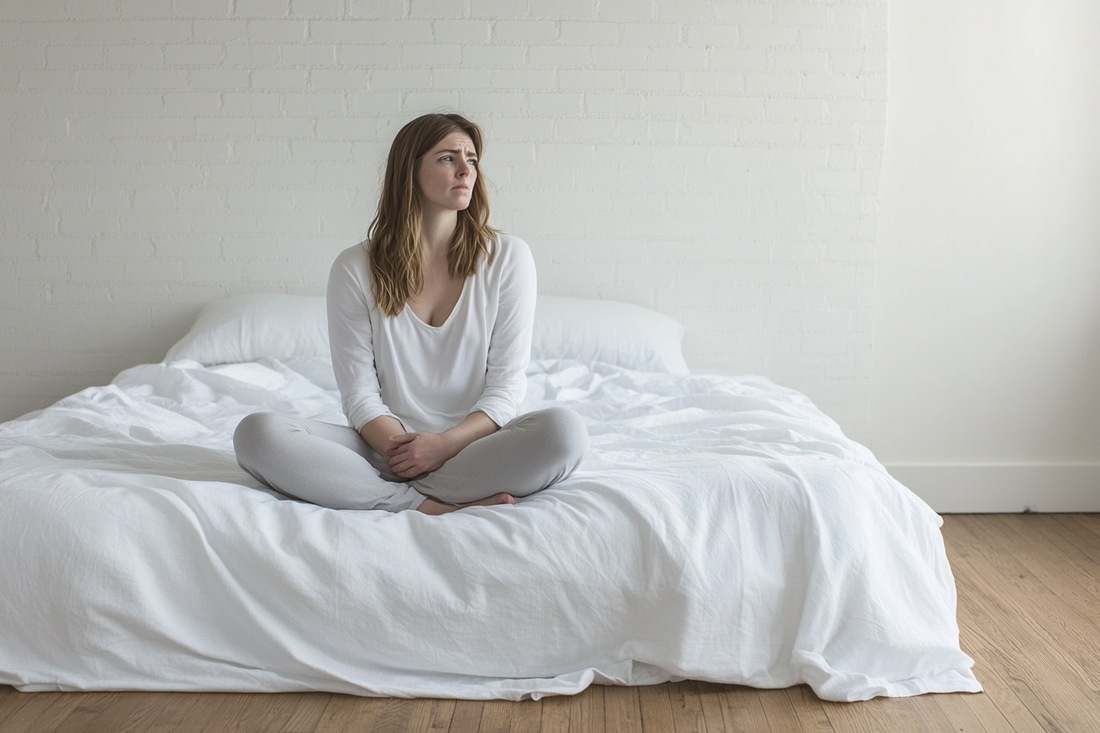 neerslachtige vrouw zittend op bed