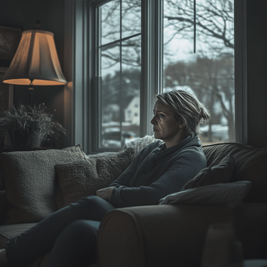 Depressieve vrouw tijdens winter in donkere binnenruimte