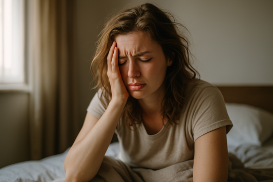 Vrouw in bed met zichtbare hoofdpijn door kater