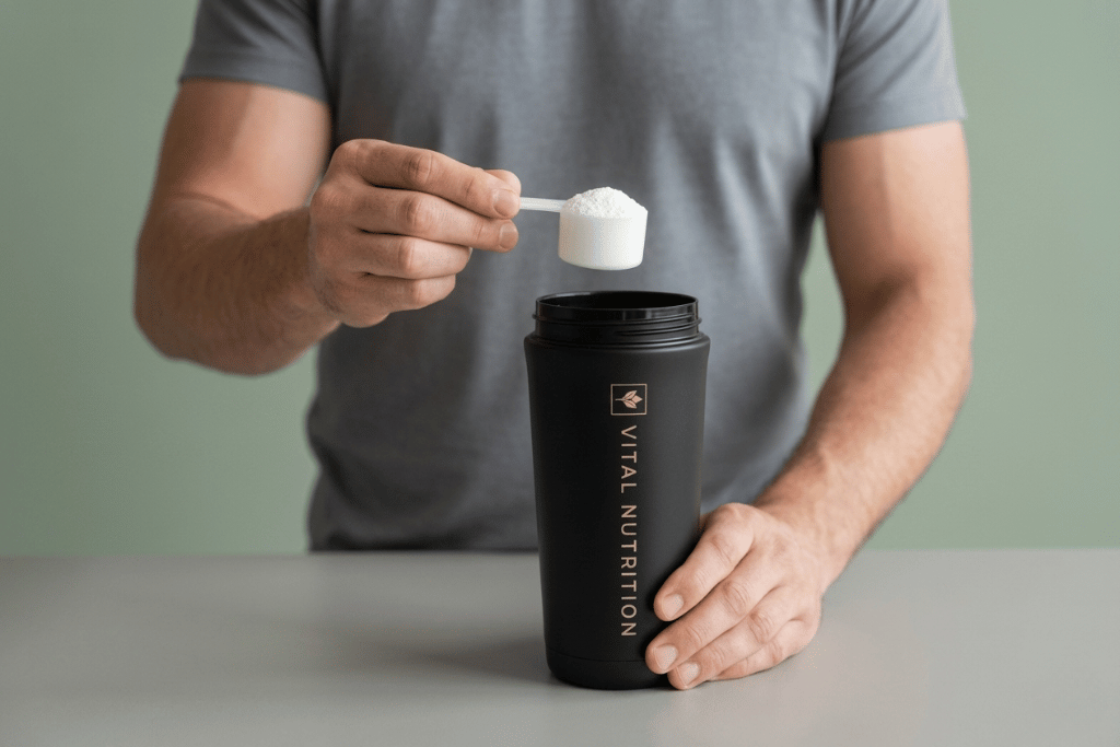 Man schept creatine dosering in Vital Nutrition RVS shaker