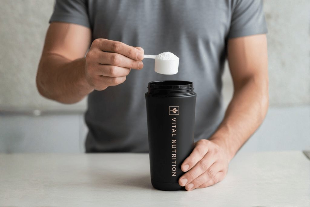 Man schept creatine dosering in Vital Nutrition RVS shaker