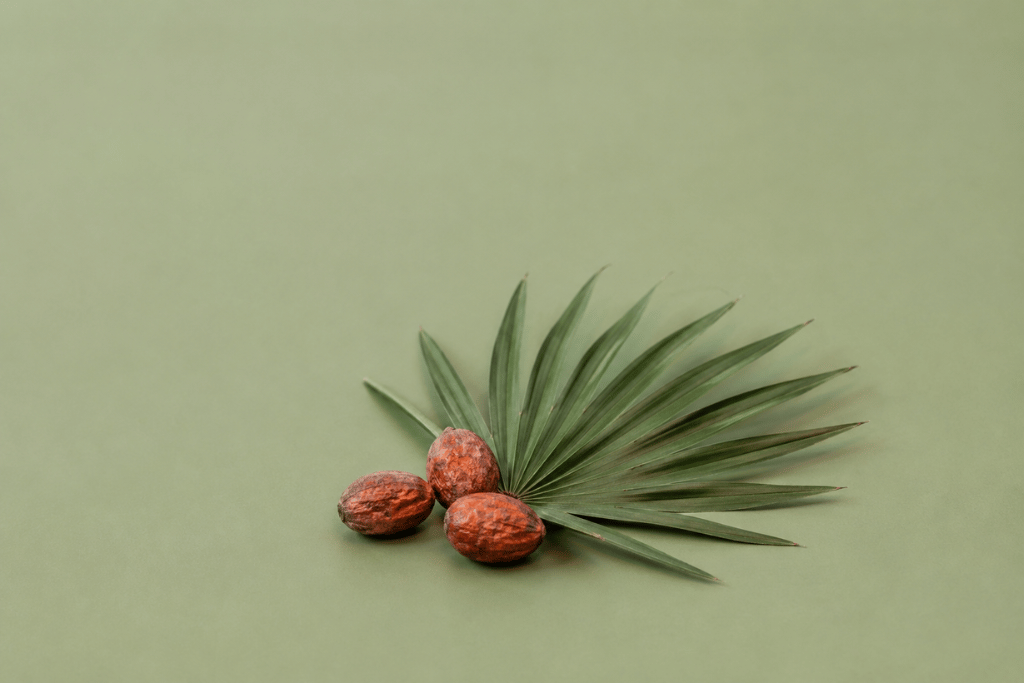 Saw palmetto artikel afbeelding van bessen en blad op een rustige olijfgroene achtergrond