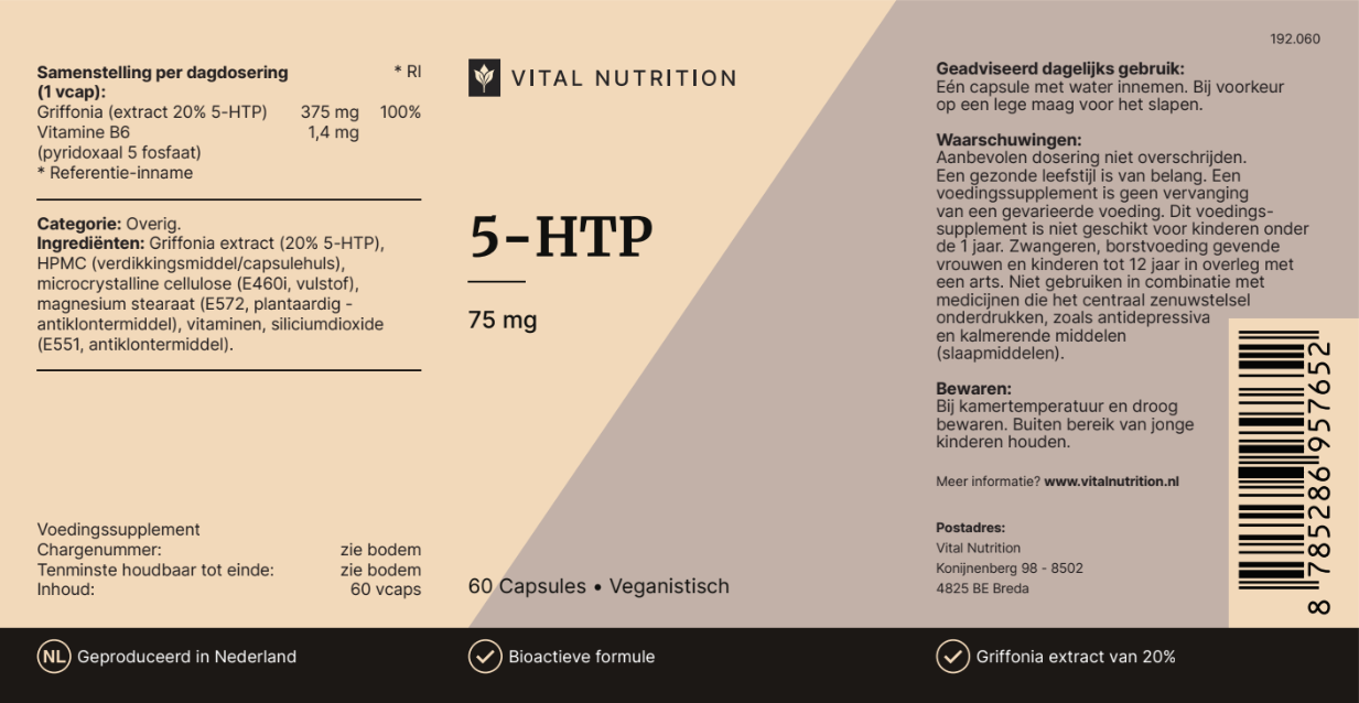 5-HTP van Vital Nutrition voedingswaardelabel