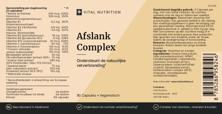 Voedingswaardelabel van Vital Nutrition Afslank Complex