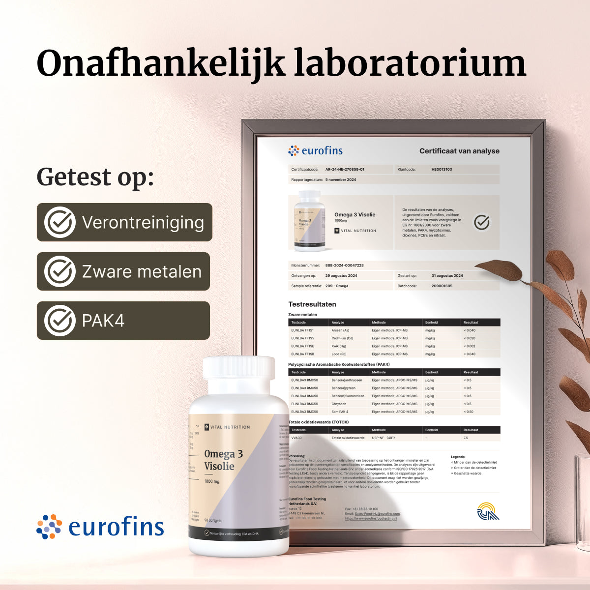 Rapport onafhankelijke testresultaten Eurofins van Omega 3 Visolie 1000 mg Vital Nutrition